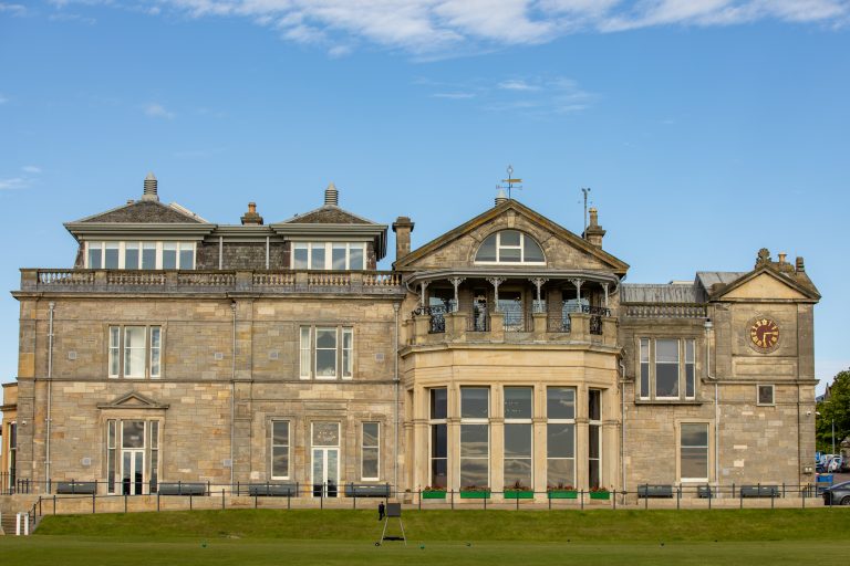 Starter area and clubhouse at the Old Course in St Andrews during a golf trip