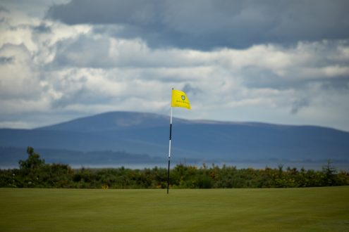 Yellow Royal Dornoch flag with the Dornoch Firth and Highland landscape behind